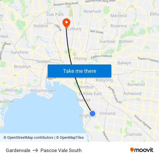 Gardenvale to Pascoe Vale South map