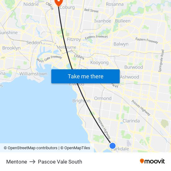 Mentone to Pascoe Vale South map