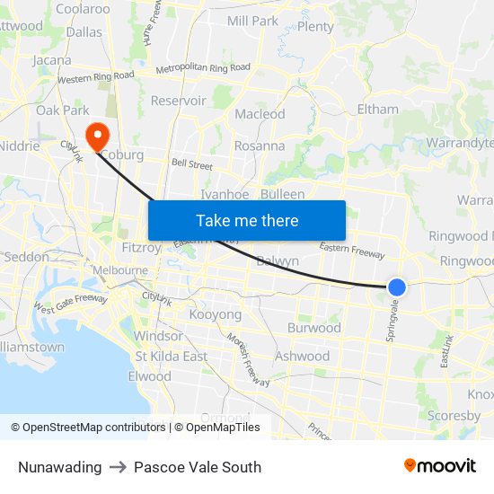 Nunawading to Pascoe Vale South map