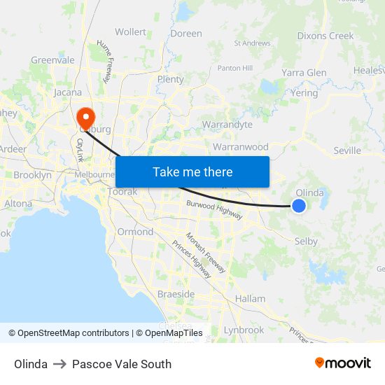 Olinda to Pascoe Vale South map