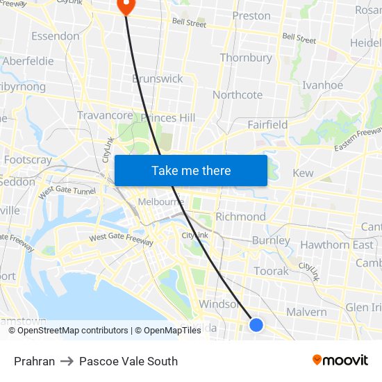 Prahran to Pascoe Vale South map