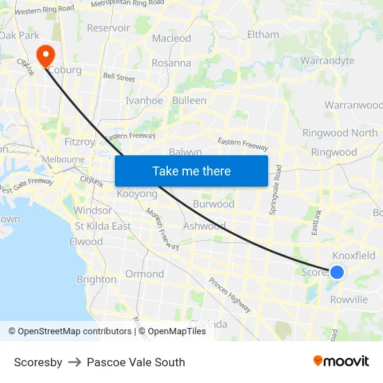 Scoresby to Pascoe Vale South map