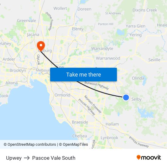 Upwey to Pascoe Vale South map