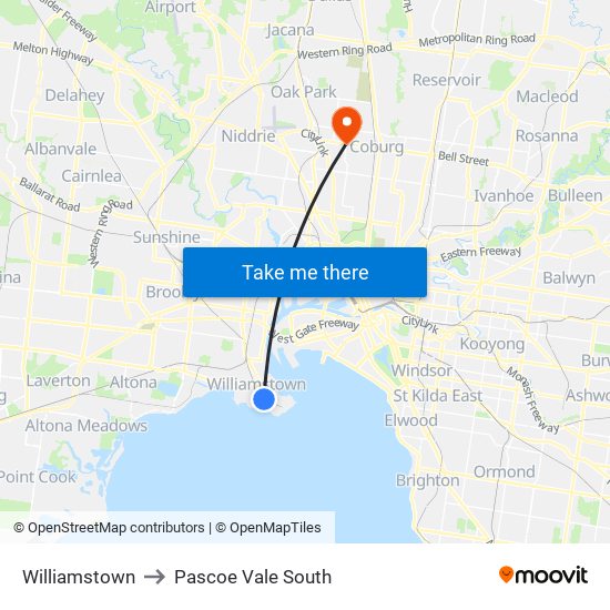 Williamstown to Pascoe Vale South map