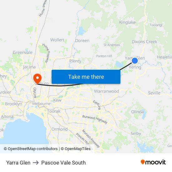 Yarra Glen to Pascoe Vale South map