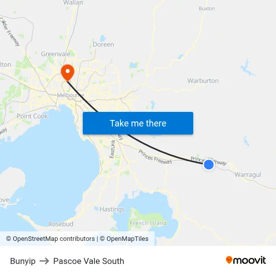 Bunyip to Pascoe Vale South map