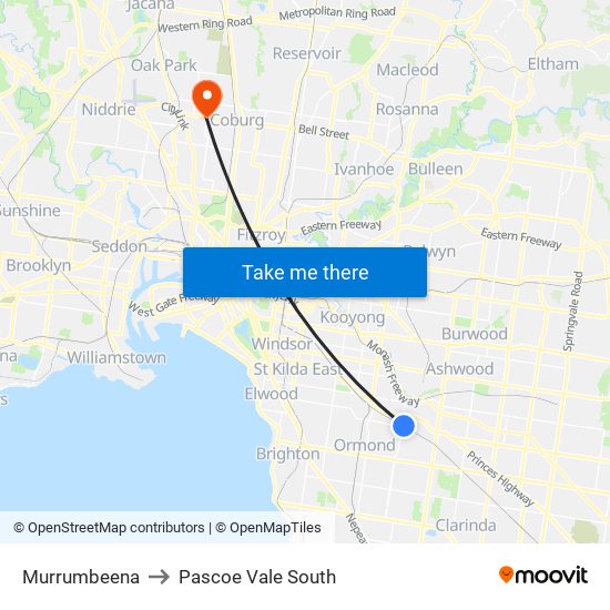 Murrumbeena to Pascoe Vale South map