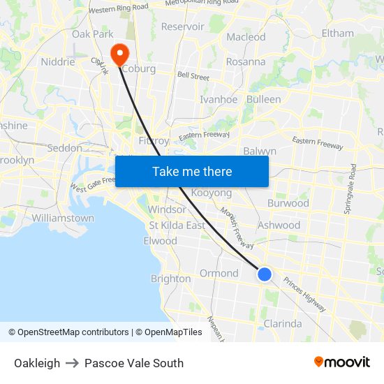 Oakleigh to Pascoe Vale South map