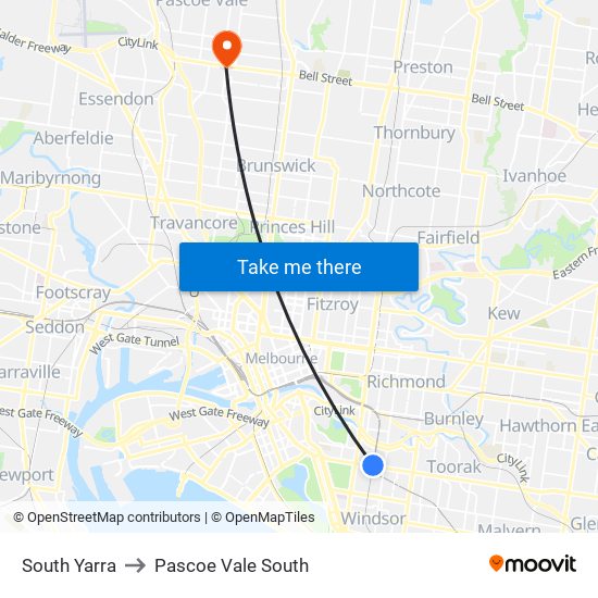 South Yarra to Pascoe Vale South map