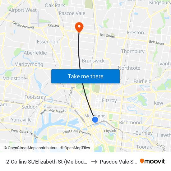 2-Collins St/Elizabeth St (Melbourne City) to Pascoe Vale South map