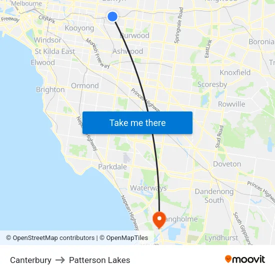 Canterbury to Patterson Lakes map