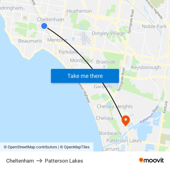 Cheltenham to Patterson Lakes map