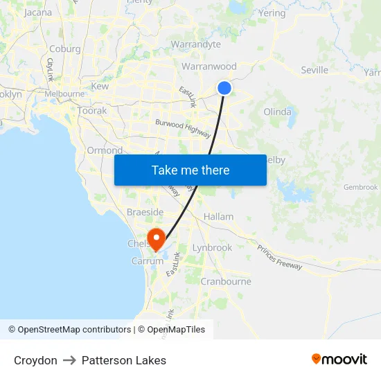 Croydon to Patterson Lakes map