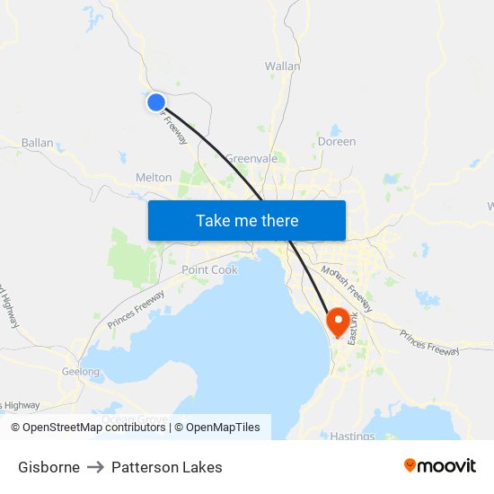 Gisborne to Patterson Lakes map