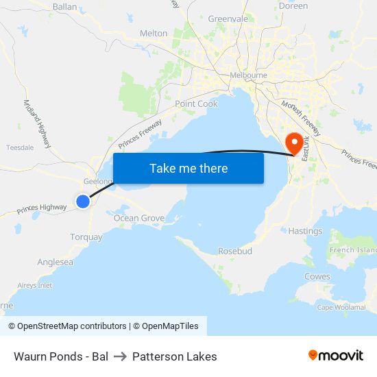 Waurn Ponds - Bal to Patterson Lakes map