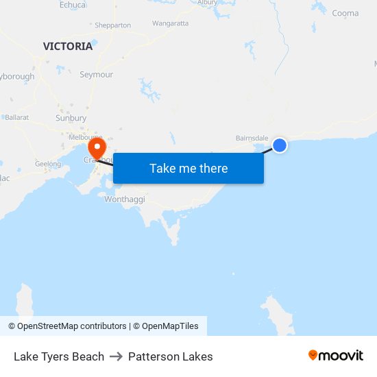 Lake Tyers Beach to Patterson Lakes map