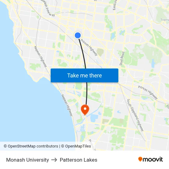 Monash University to Patterson Lakes map
