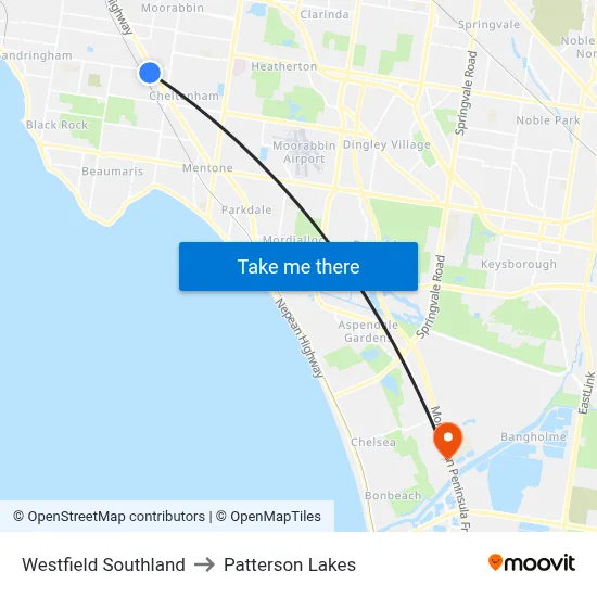Westfield Southland to Patterson Lakes map