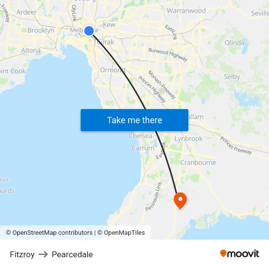 Fitzroy to Pearcedale map