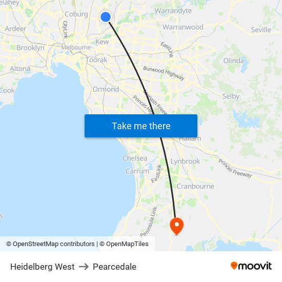 Heidelberg West to Pearcedale map