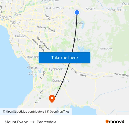 Mount Evelyn to Pearcedale map