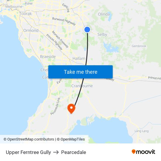 Upper Ferntree Gully to Pearcedale map