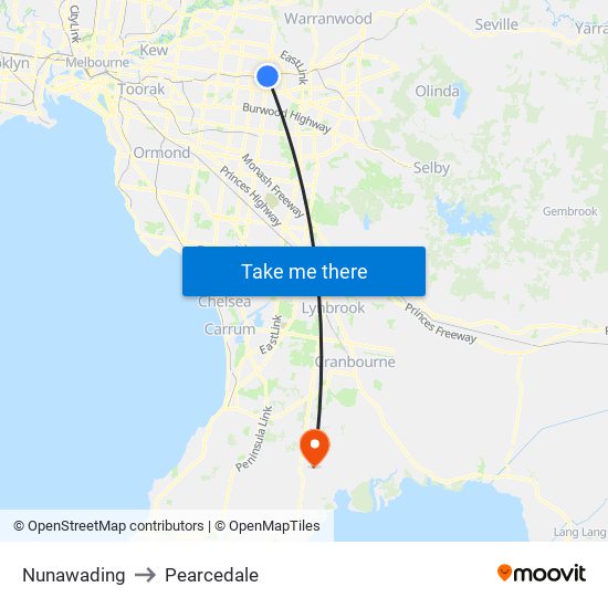 Nunawading to Pearcedale map