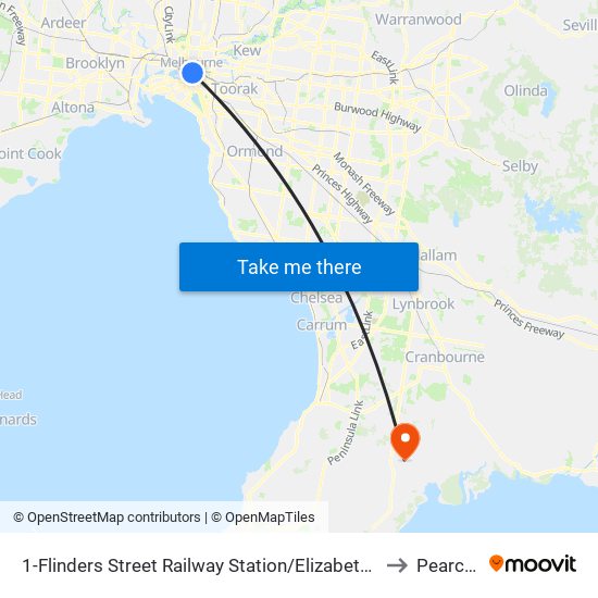 1-Flinders Street Railway Station/Elizabeth St (Melbourne City) to Pearcedale map