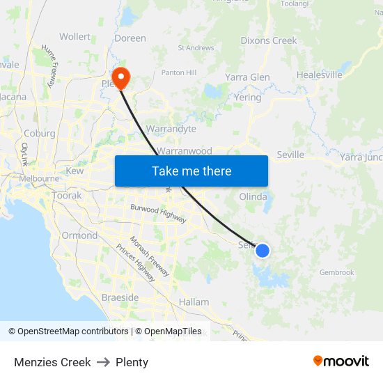 Menzies Creek to Plenty map