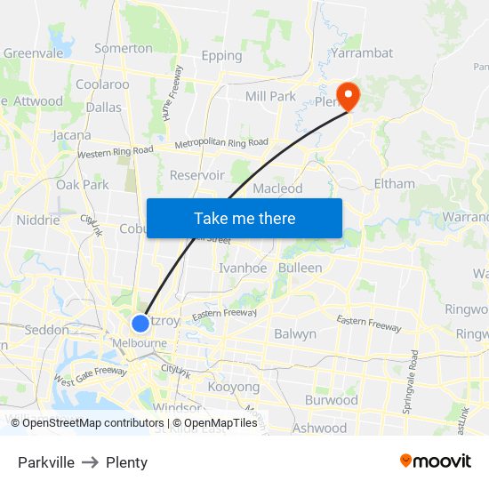 Parkville to Plenty map