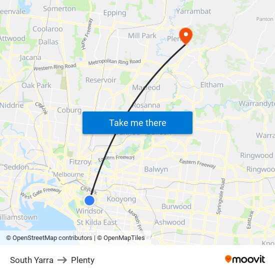 South Yarra to Plenty map