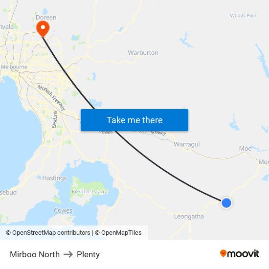 Mirboo North to Plenty map