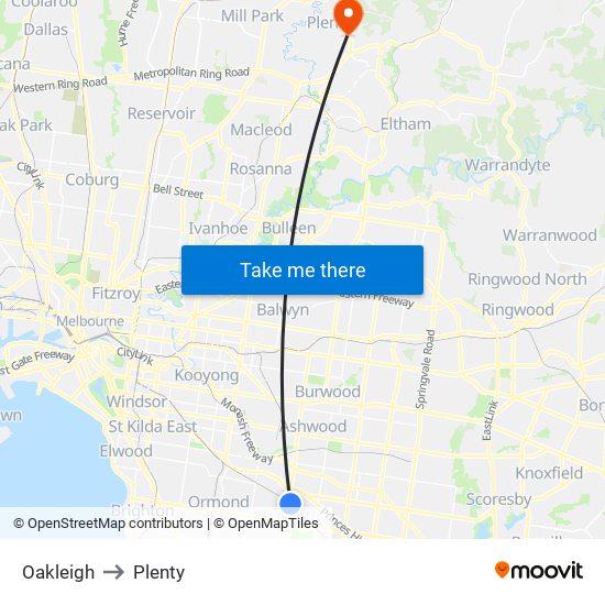 Oakleigh to Plenty map