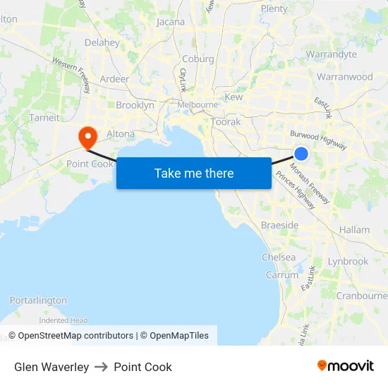 Glen Waverley to Point Cook map