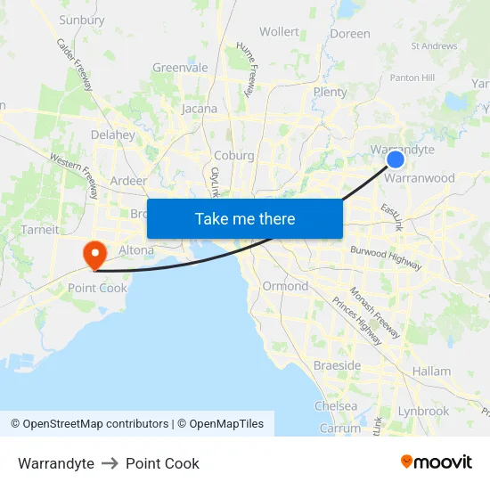 Warrandyte to Point Cook map