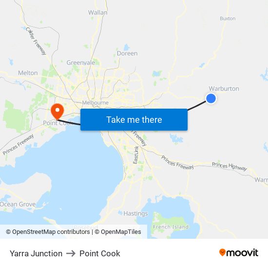 Yarra Junction to Point Cook map