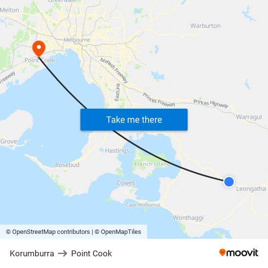 Korumburra to Point Cook map