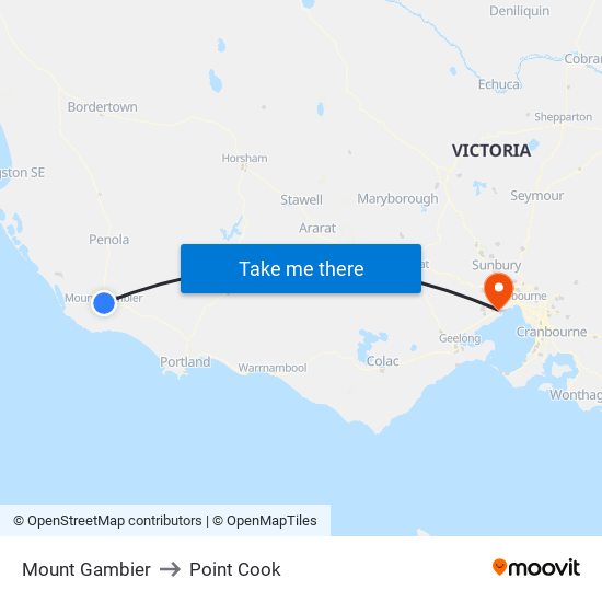 Mount Gambier to Point Cook map