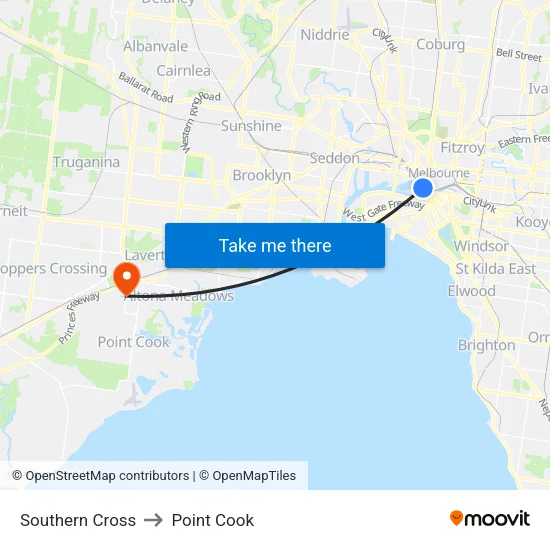 Southern Cross to Point Cook map
