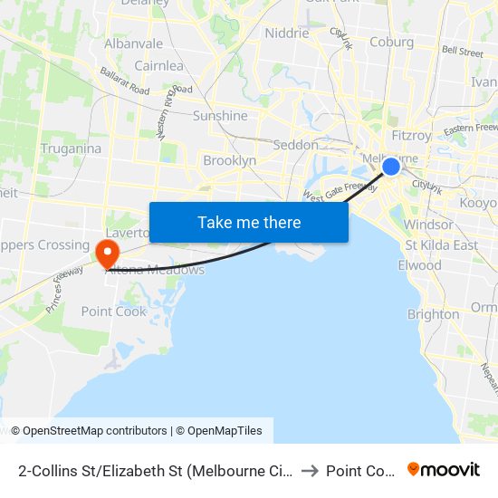 2-Collins St/Elizabeth St (Melbourne City) to Point Cook map