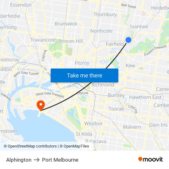 Alphington to Port Melbourne map