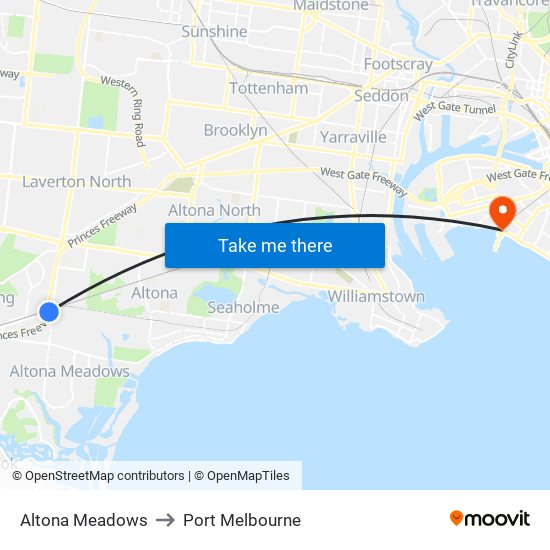 Altona Meadows to Port Melbourne map