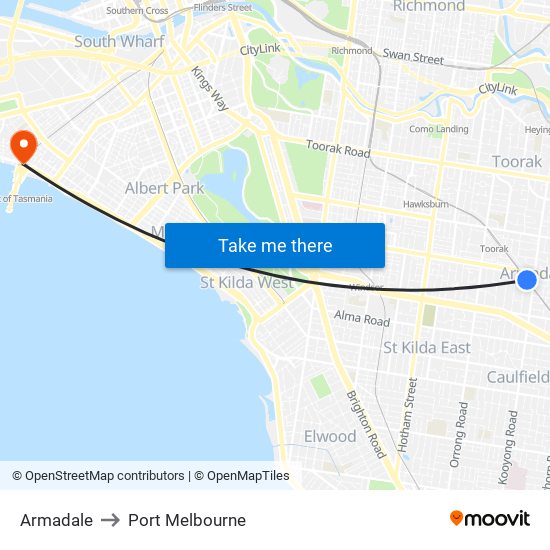 Armadale to Port Melbourne map