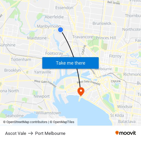 Ascot Vale to Port Melbourne map