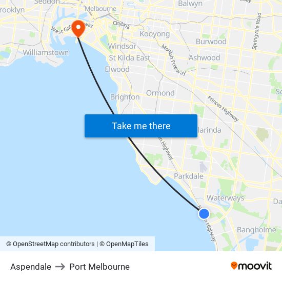 Aspendale to Port Melbourne map