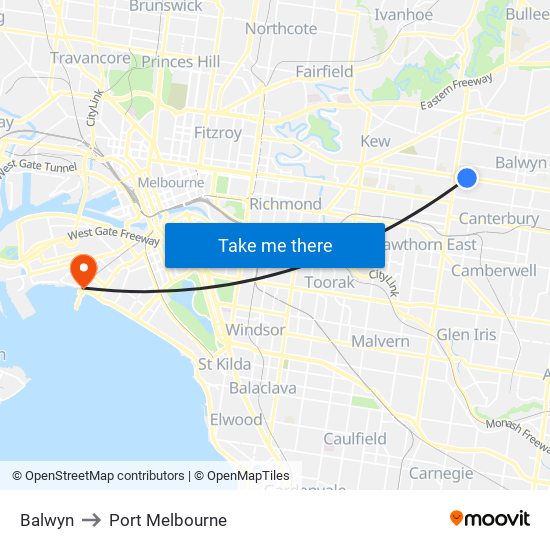 Balwyn to Port Melbourne map