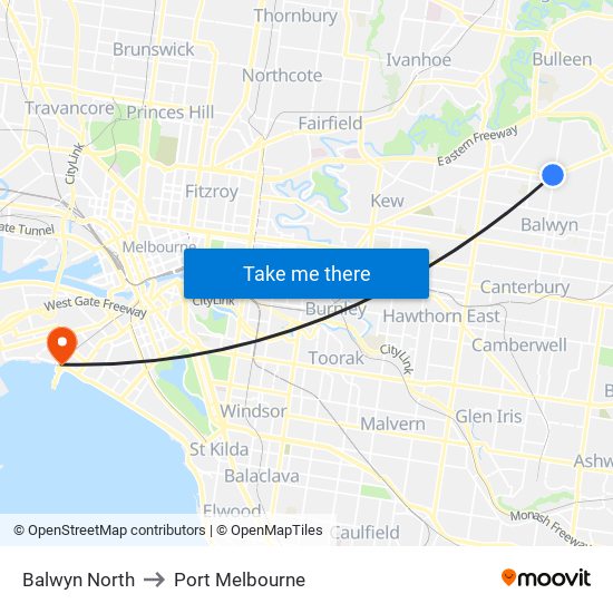 Balwyn North to Port Melbourne map