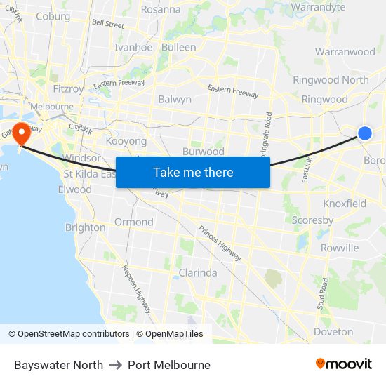 Bayswater North to Port Melbourne map