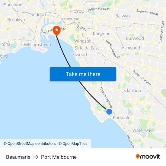Beaumaris to Port Melbourne map