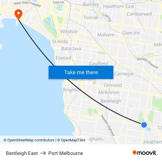 Bentleigh East to Port Melbourne map